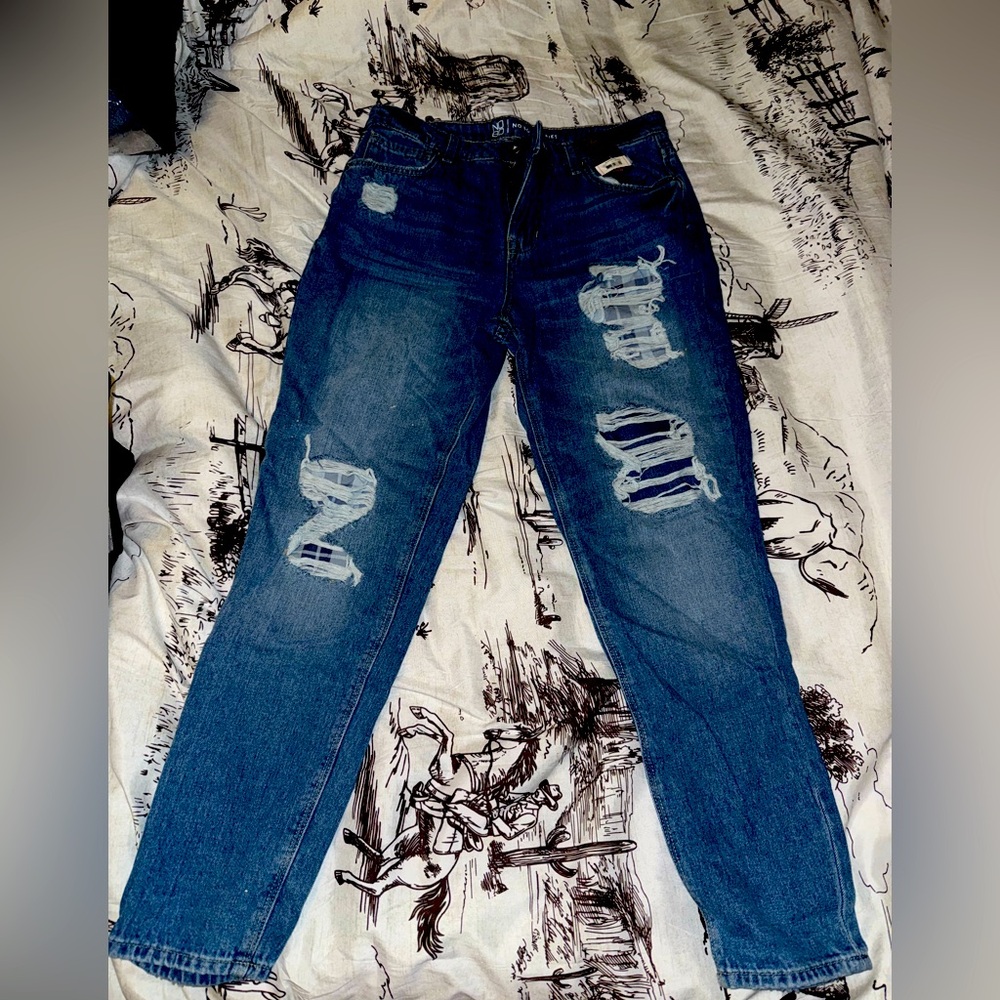 NoBo high rise mom jeans with plaid underlay